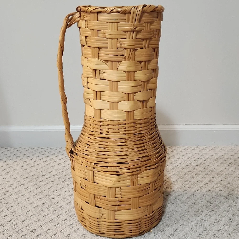Tall Vintage Woven Wicker Basket Pitcher Vase With Handle - Natural Brown